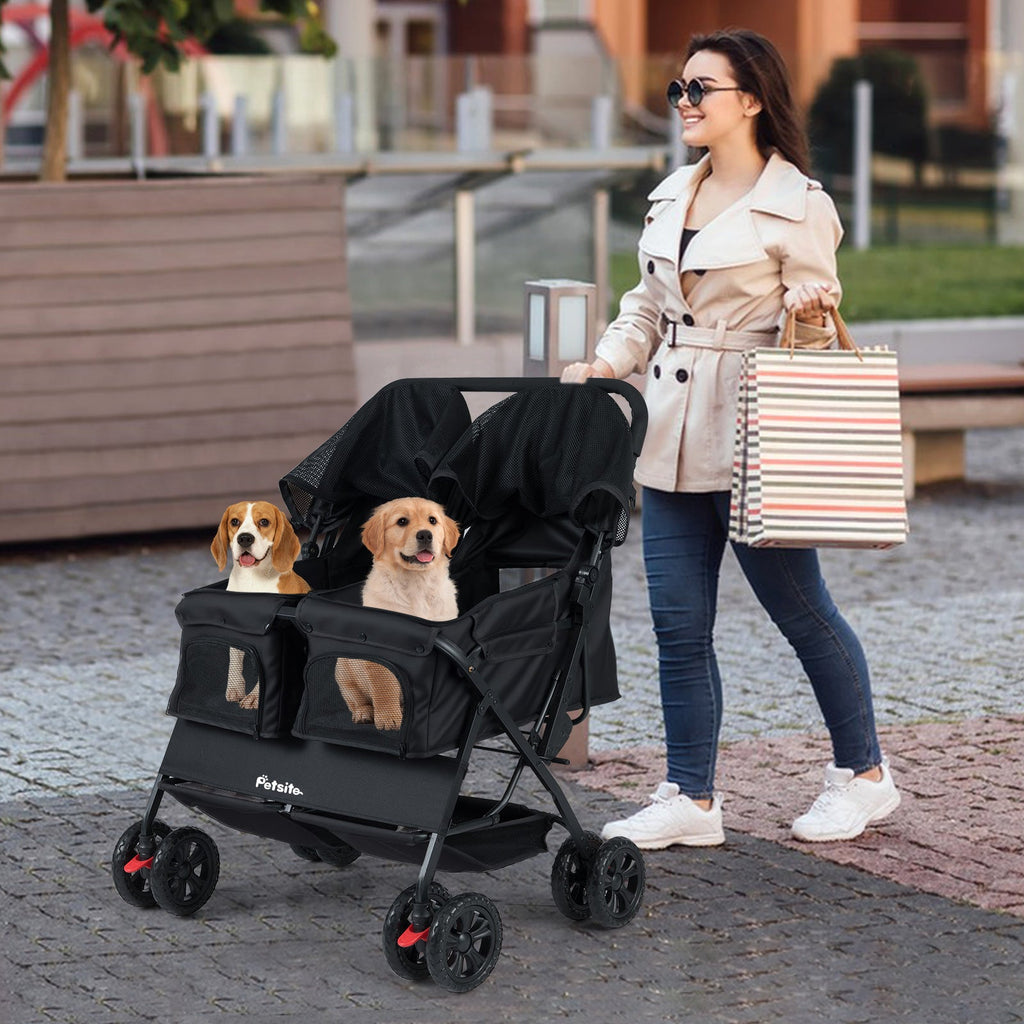 Foldable Double Pet Stroller with Adjustable Sunshade and Storage Basket
