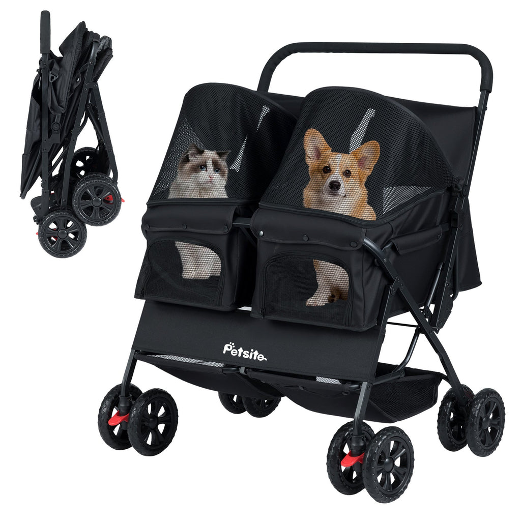 Foldable Double Pet Stroller with Adjustable Sunshade and Storage Basket