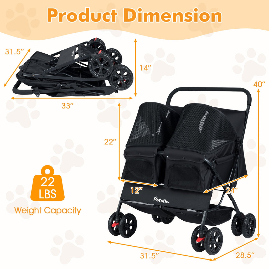 Foldable Double Pet Stroller with Adjustable Sunshade and Storage Basket