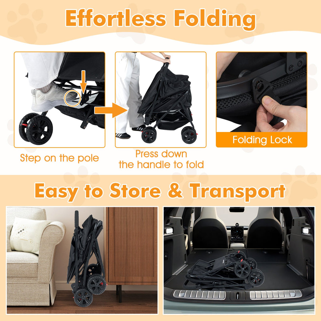 Foldable Double Pet Stroller with Adjustable Sunshade and Storage Basket