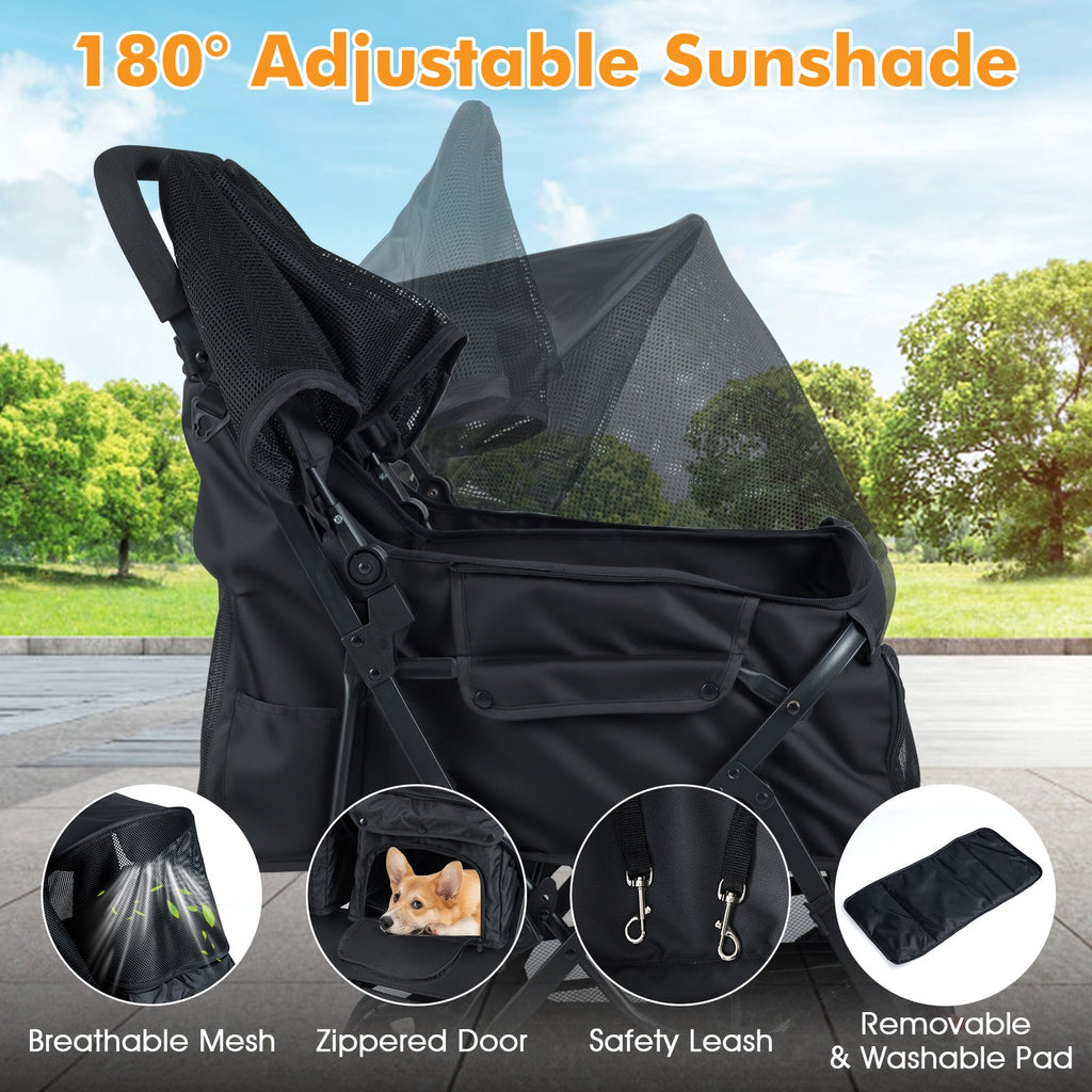 Foldable Double Pet Stroller with Adjustable Sunshade and Storage Basket