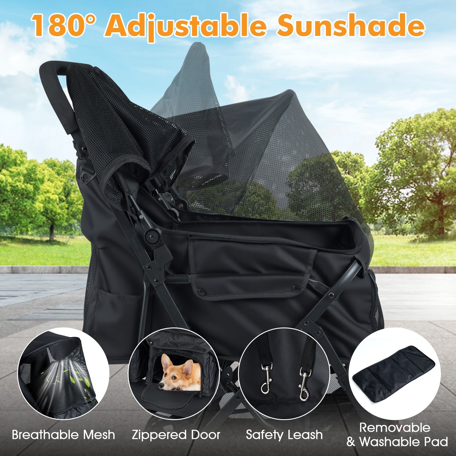Foldable Double Pet Stroller with Adjustable Sunshade and Storage Basket