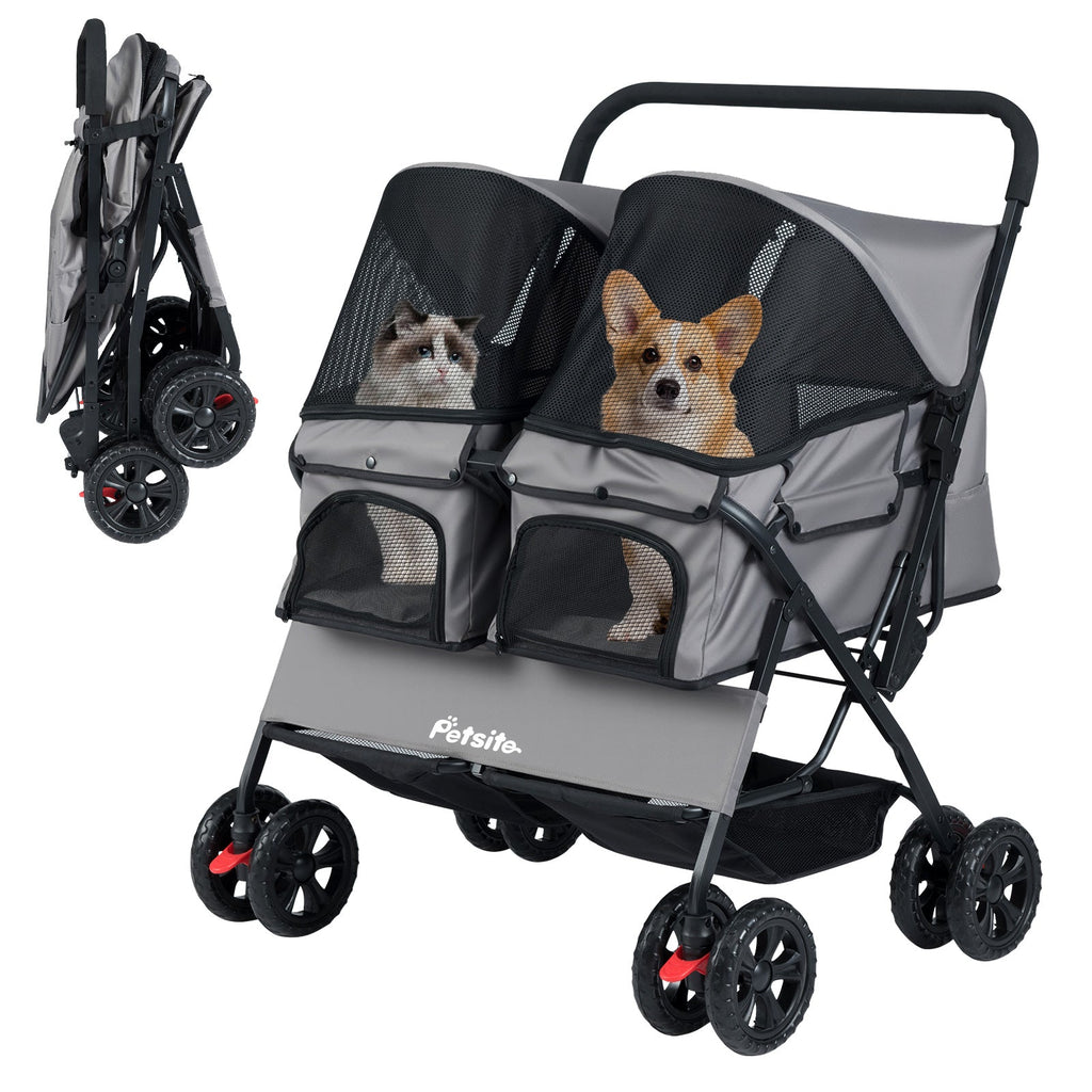 Foldable Double Pet Stroller with Adjustable Sunshade and Storage Basket