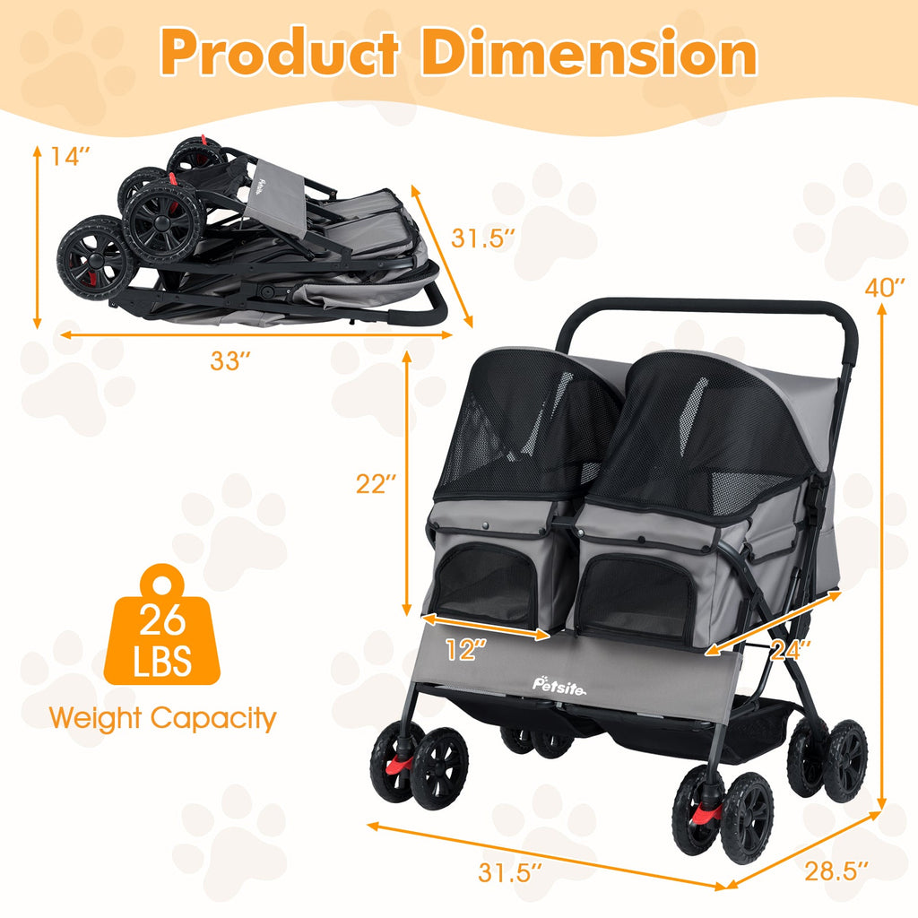 Foldable Double Pet Stroller with Adjustable Sunshade and Storage Basket