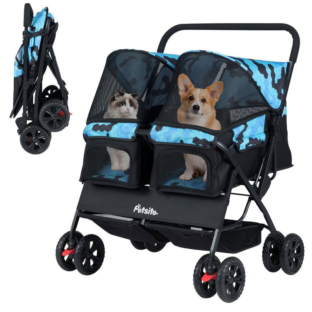 Foldable Double Pet Stroller with Adjustable Sunshade and Storage Basket