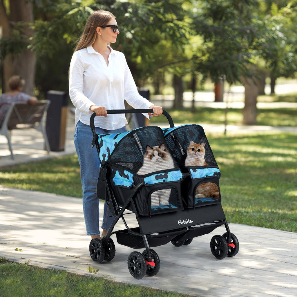 Foldable Double Pet Stroller with Adjustable Sunshade and Storage Basket