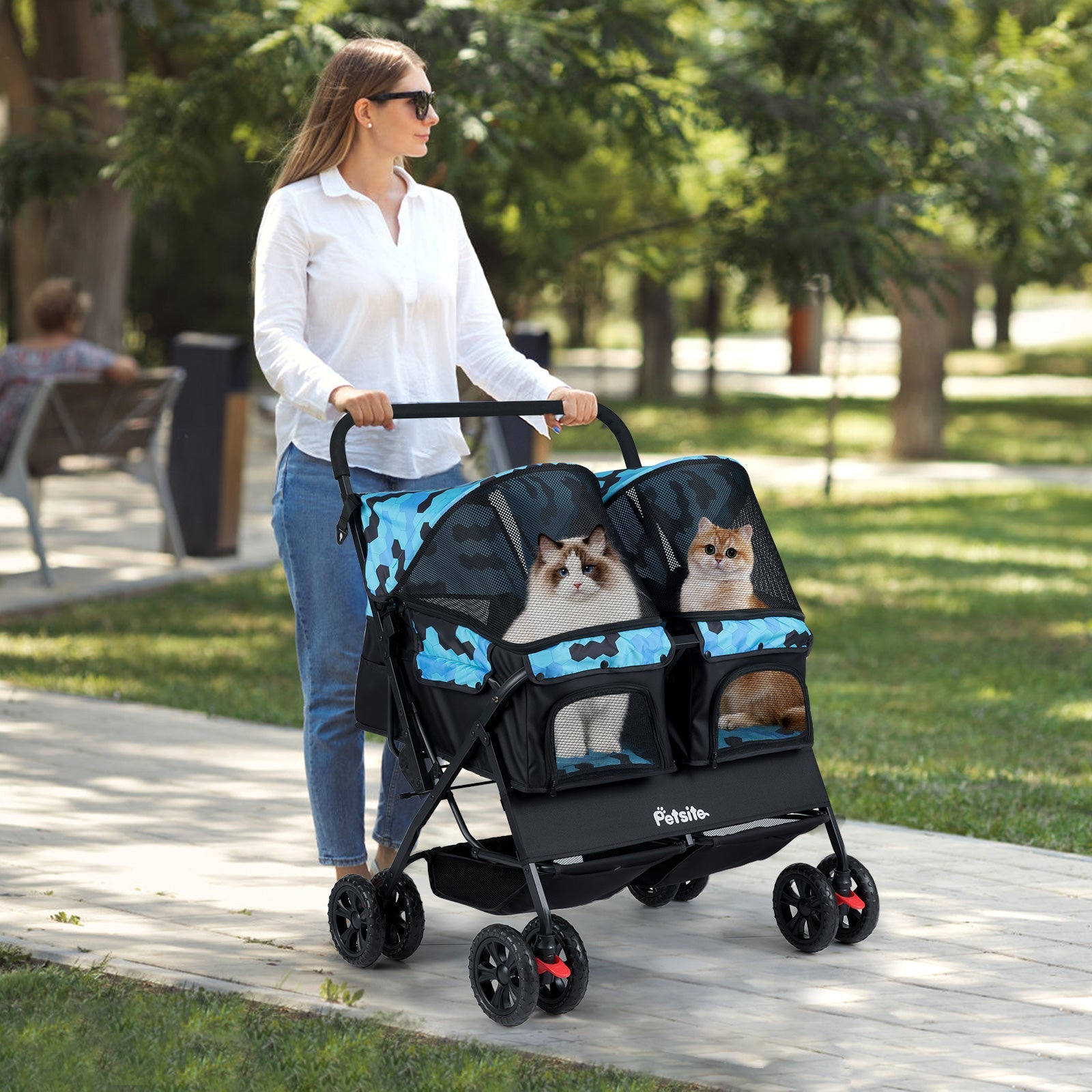 Foldable Double Pet Stroller with Adjustable Sunshade and Storage Basket