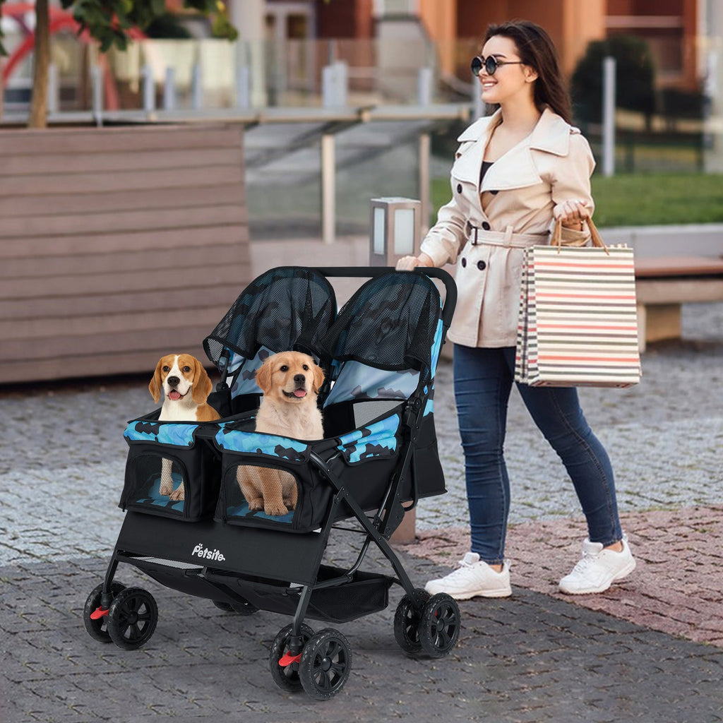 Foldable Double Pet Stroller with Adjustable Sunshade and Storage Basket