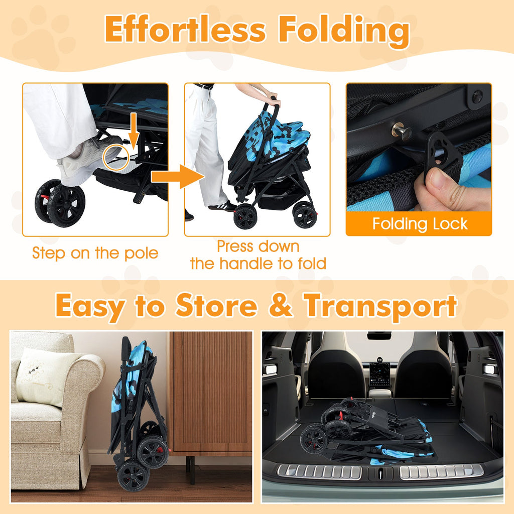 Foldable Double Pet Stroller with Adjustable Sunshade and Storage Basket