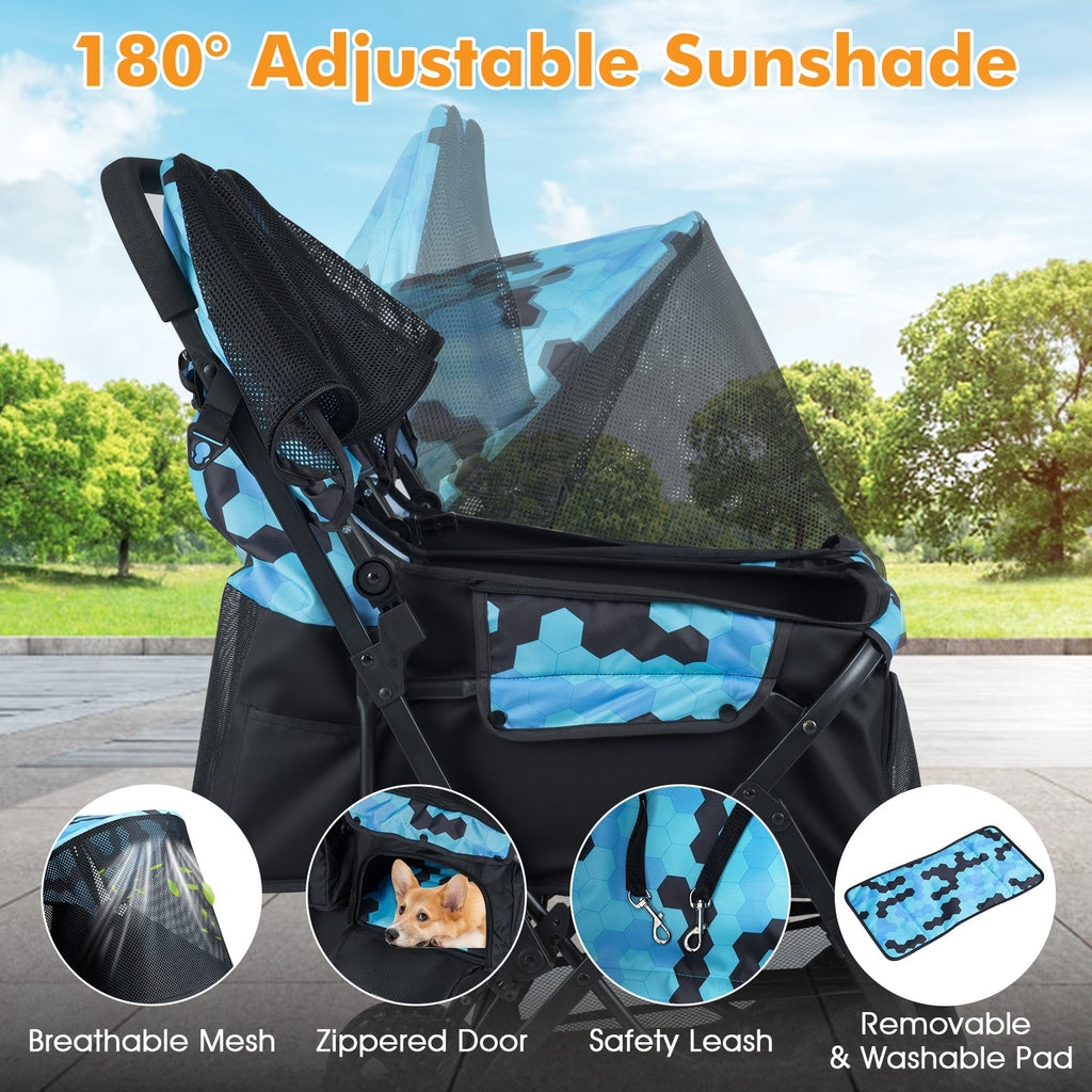 Foldable Double Pet Stroller with Adjustable Sunshade and Storage Basket