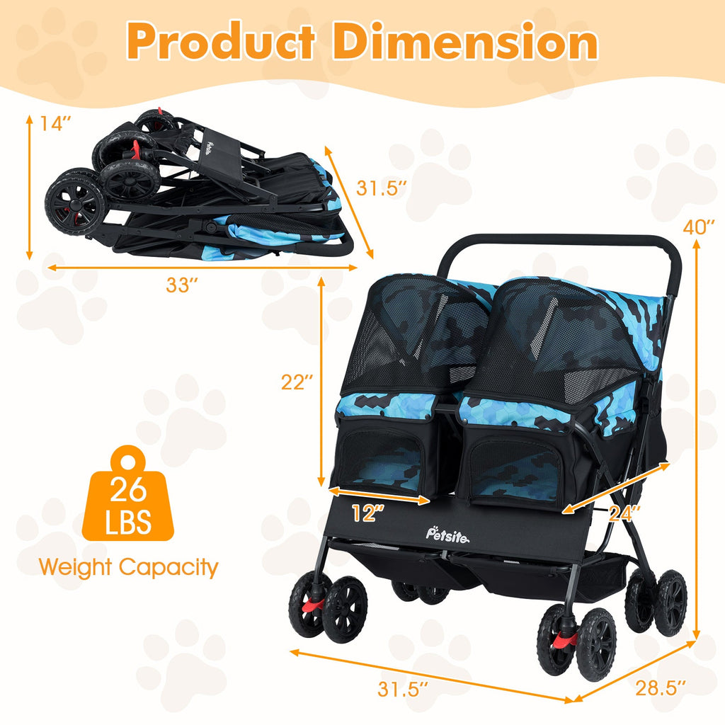 Foldable Double Pet Stroller with Adjustable Sunshade and Storage Basket