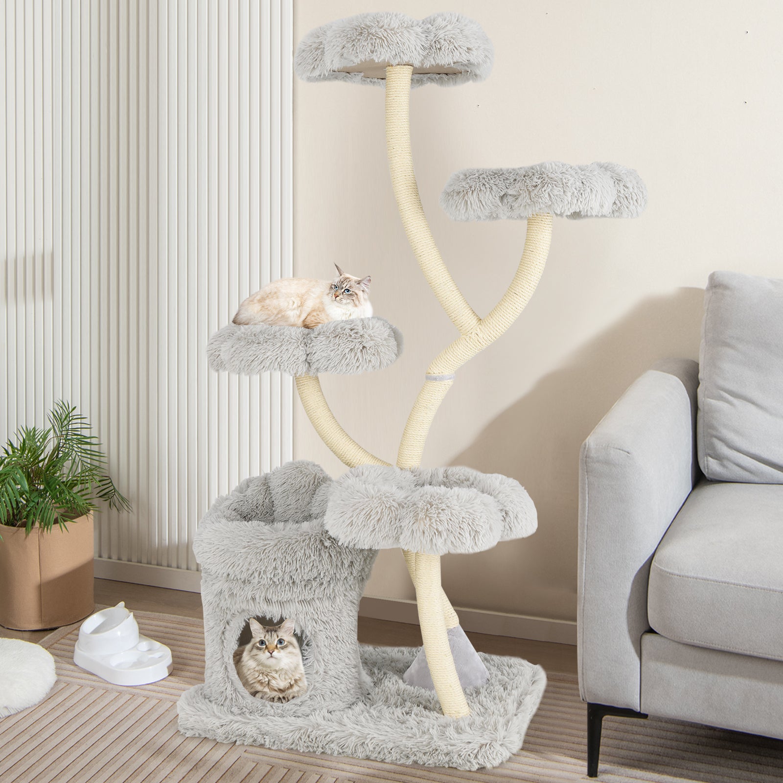 Freestanding Cat Tower with four Flower-shaped Platforms and Sisal Scratching Posts-Gray