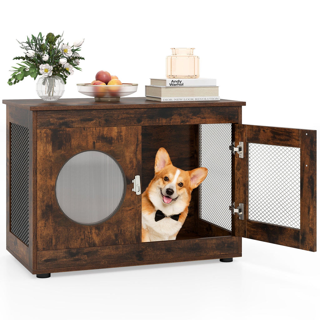 Furniture Style Dog Crate for Small and Medium Dogs with Translucent Window and Lockable Door-Rustic Brown