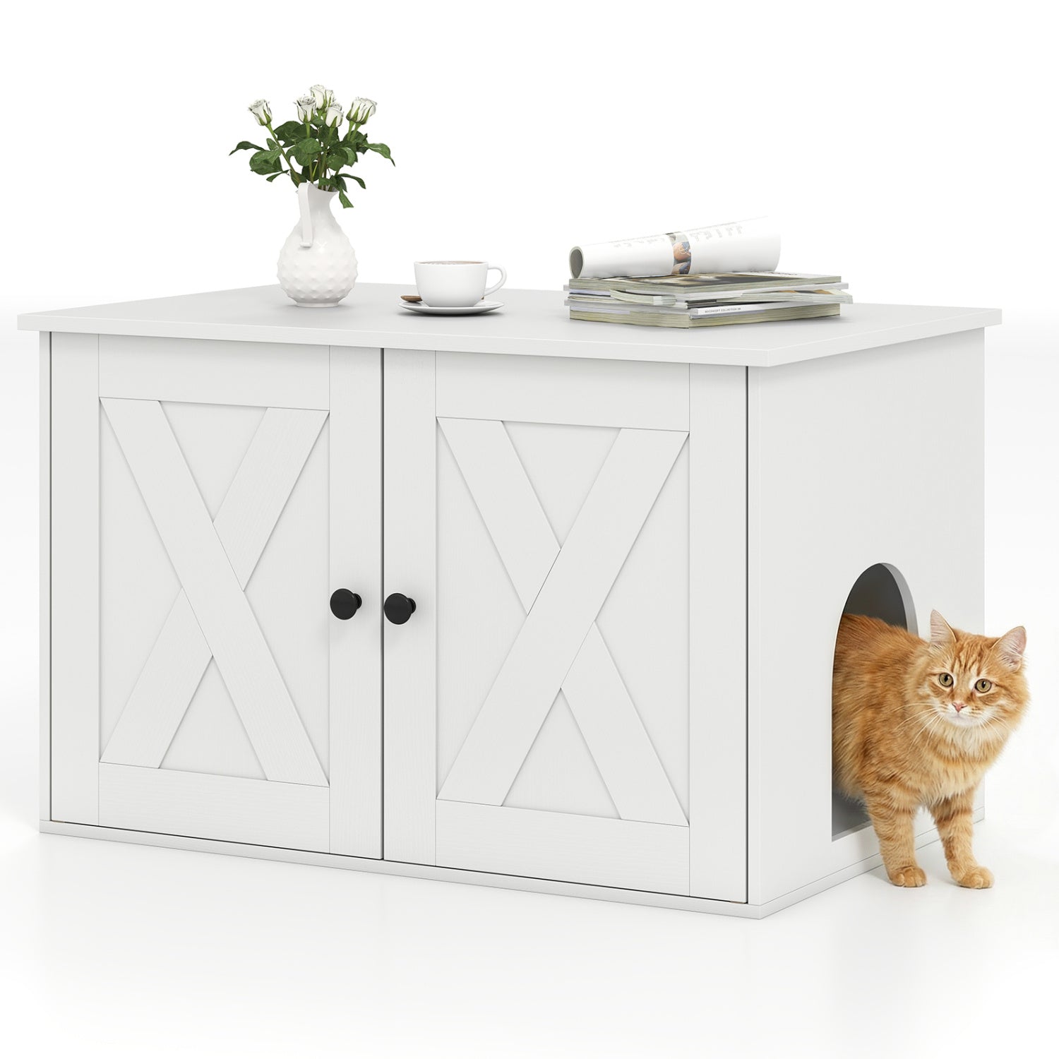 Hidden Cat Litter Box Enclosure Furniture with Divider-Oak