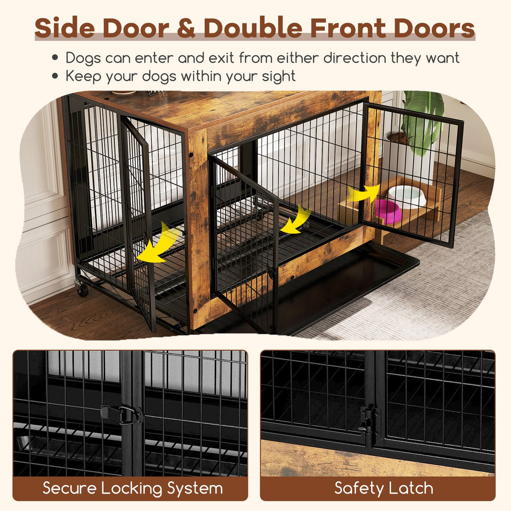 Industrial Dog Kennel with Flip-up Top 3 Lockable Doors and Removable Tray-Rustic Brown