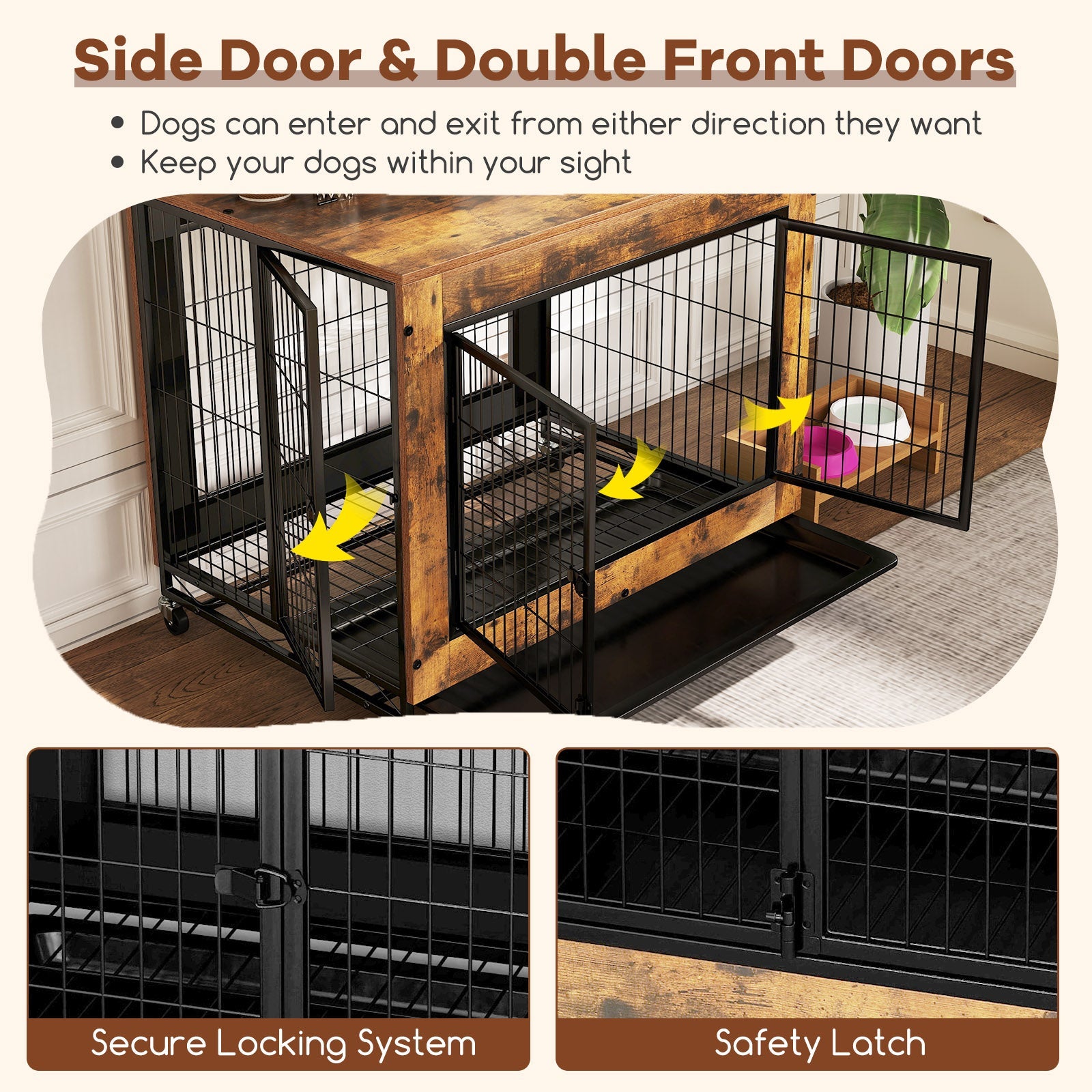 Industrial Dog Kennel with Flip-up Top 3 Lockable Doors and Removable Tray-Rustic Brown