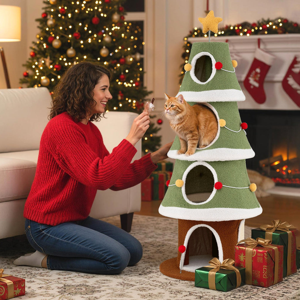 Large Christmas Cat Tree for Indoor Cats 61 Inch Cute Cat Tower with 4 Condos-Green