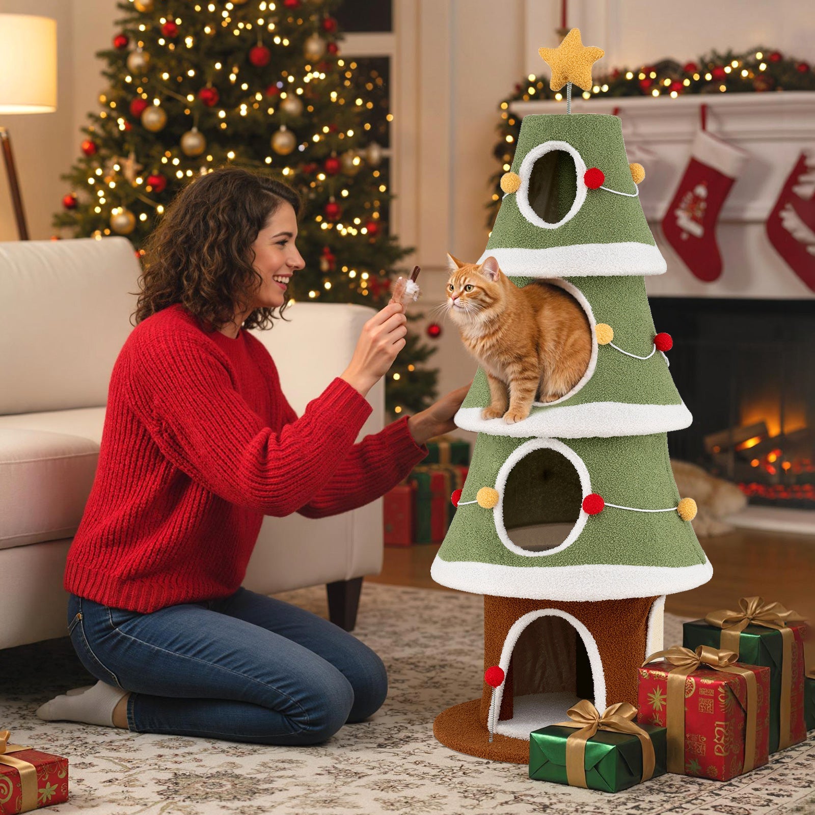 Large Christmas Cat Tree for Indoor Cats 61 Inch Cute Cat Tower with 4 Condos-Green