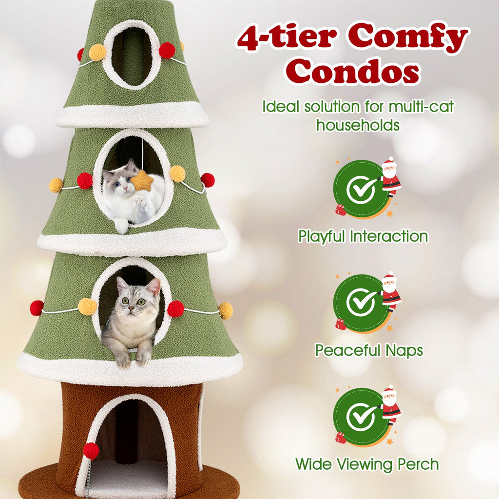 Large Christmas Cat Tree for Indoor Cats 61 Inch Cute Cat Tower with 4 Condos-Green