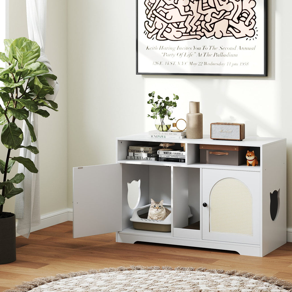 43 Inches Cat Litter Box Enclosure with Storage and Double Rooms-White