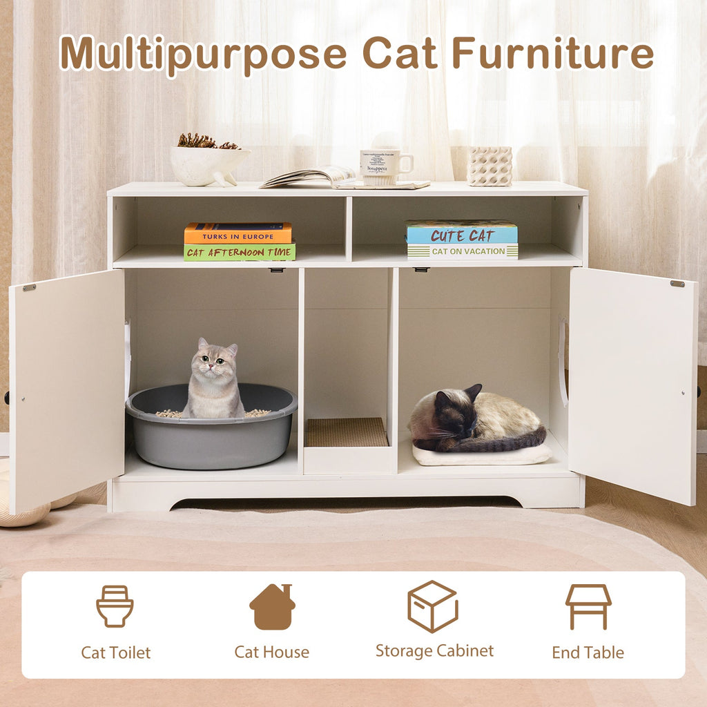 43 Inches Cat Litter Box Enclosure with Storage and Double Rooms-White