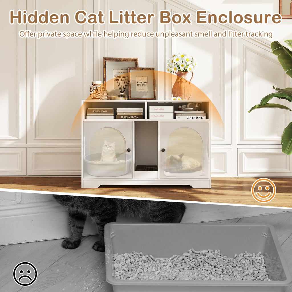 43 Inches Cat Litter Box Enclosure with Storage and Double Rooms-White