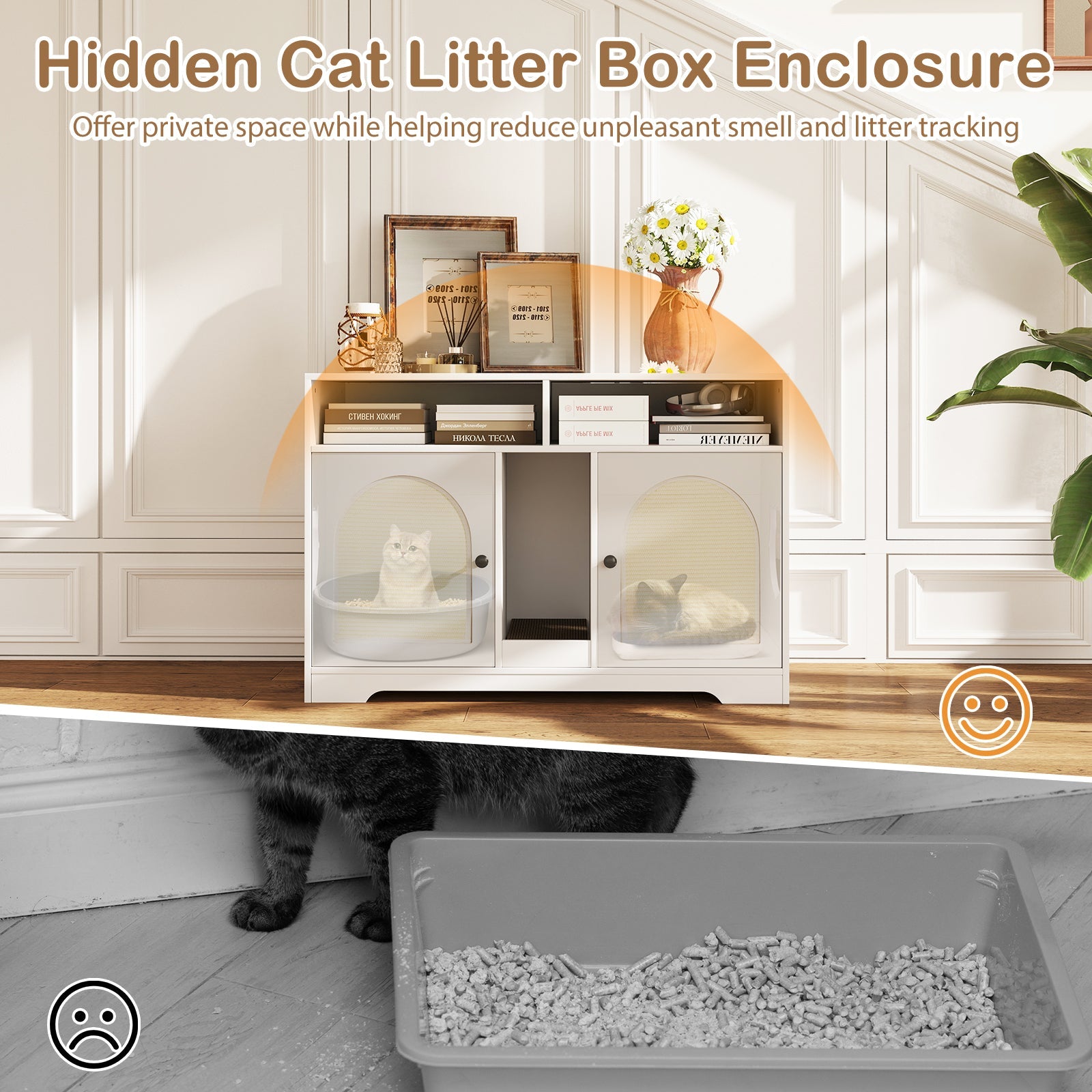 43 Inches Cat Litter Box Enclosure with Storage and Double Rooms-White