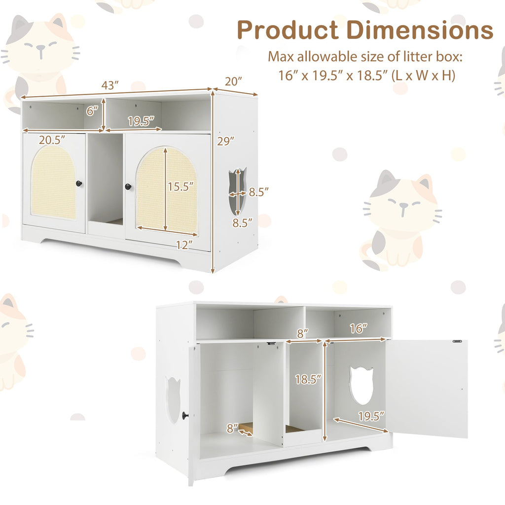 43 Inches Cat Litter Box Enclosure with Storage and Double Rooms-White