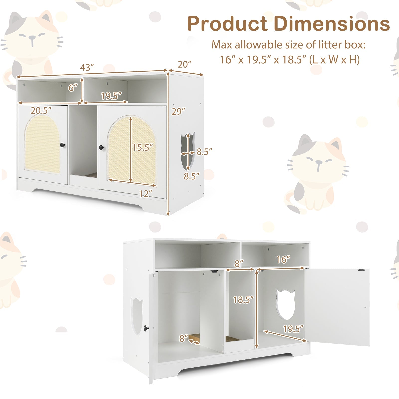 43 Inches Cat Litter Box Enclosure with Storage and Double Rooms-White