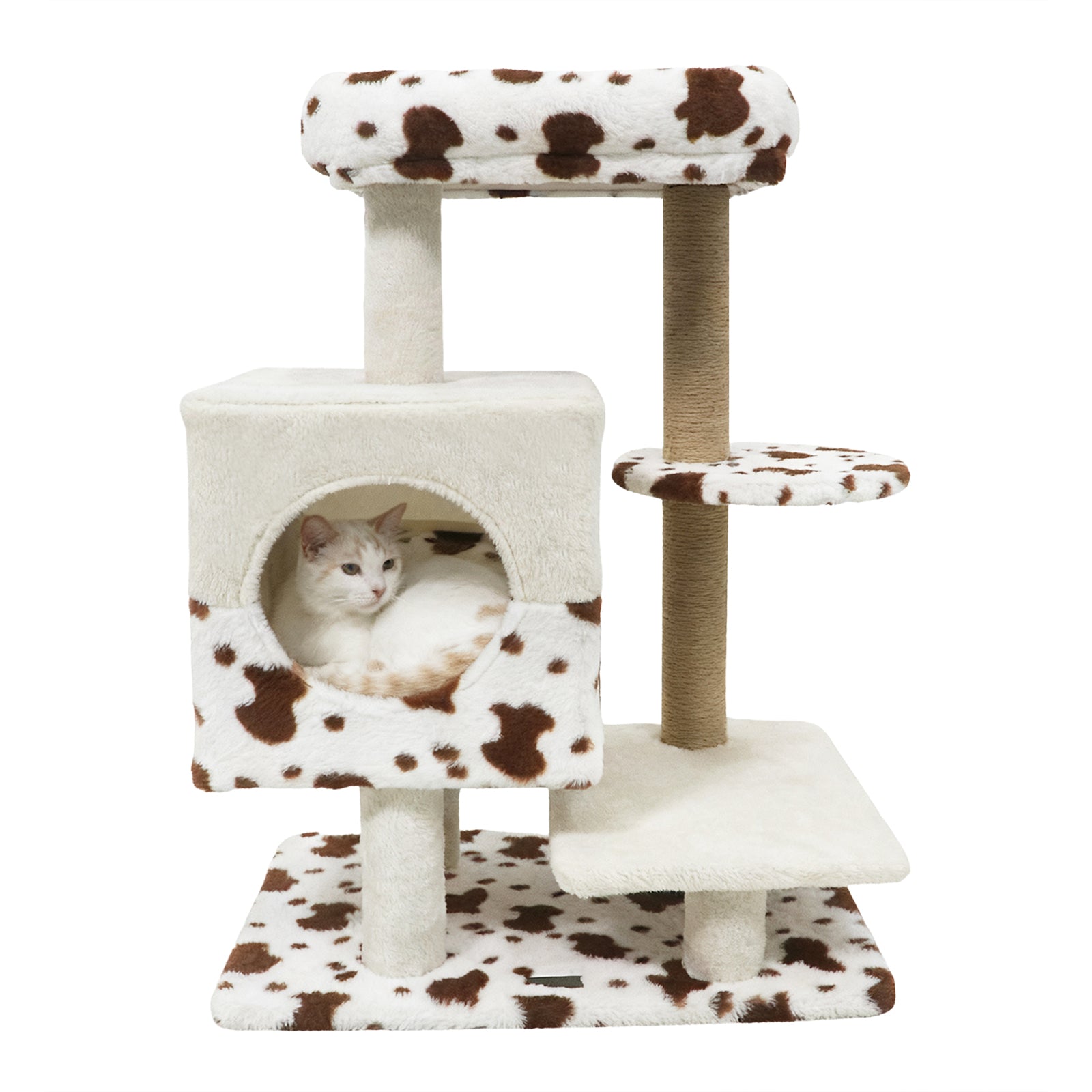 Modern Cat Tree Indoor Cat Tower with Wide Upholstered Perch and 2-Entrance Cat Condo-White