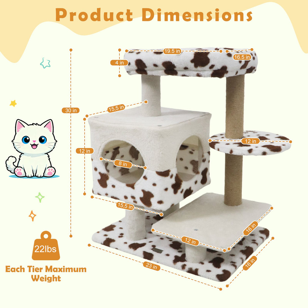 Modern Cat Tree Indoor Cat Tower with Wide Upholstered Perch and 2-Entrance Cat Condo-White