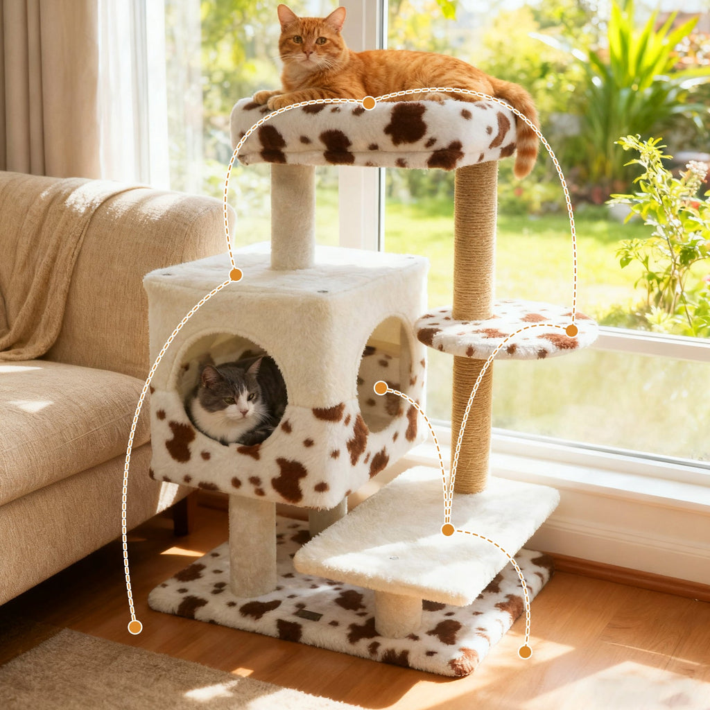 Modern Cat Tree Indoor Cat Tower with Wide Upholstered Perch and 2-Entrance Cat Condo-White