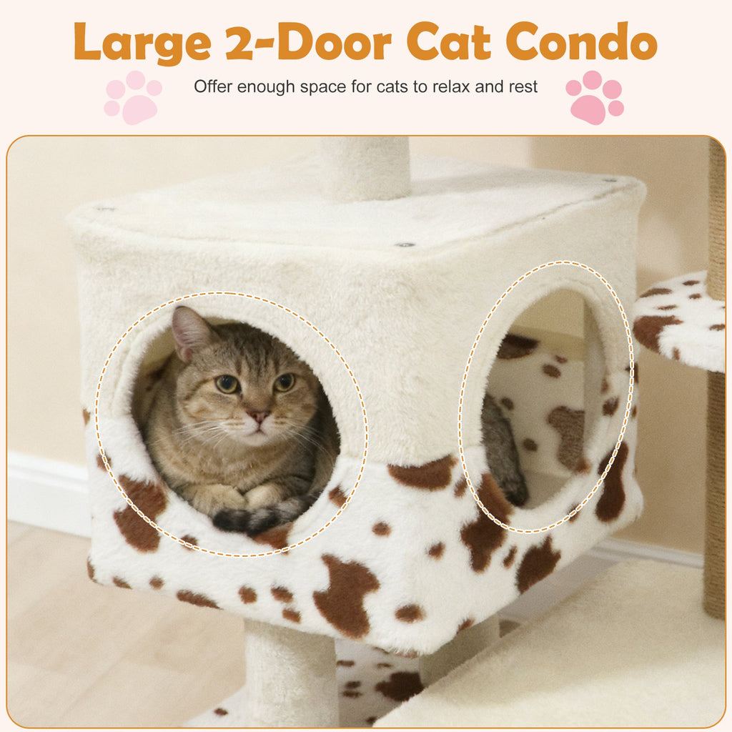 Modern Cat Tree Indoor Cat Tower with Wide Upholstered Perch and 2-Entrance Cat Condo-White