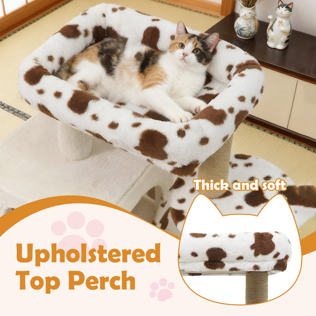 Modern Cat Tree Indoor Cat Tower with Wide Upholstered Perch and 2-Entrance Cat Condo-White