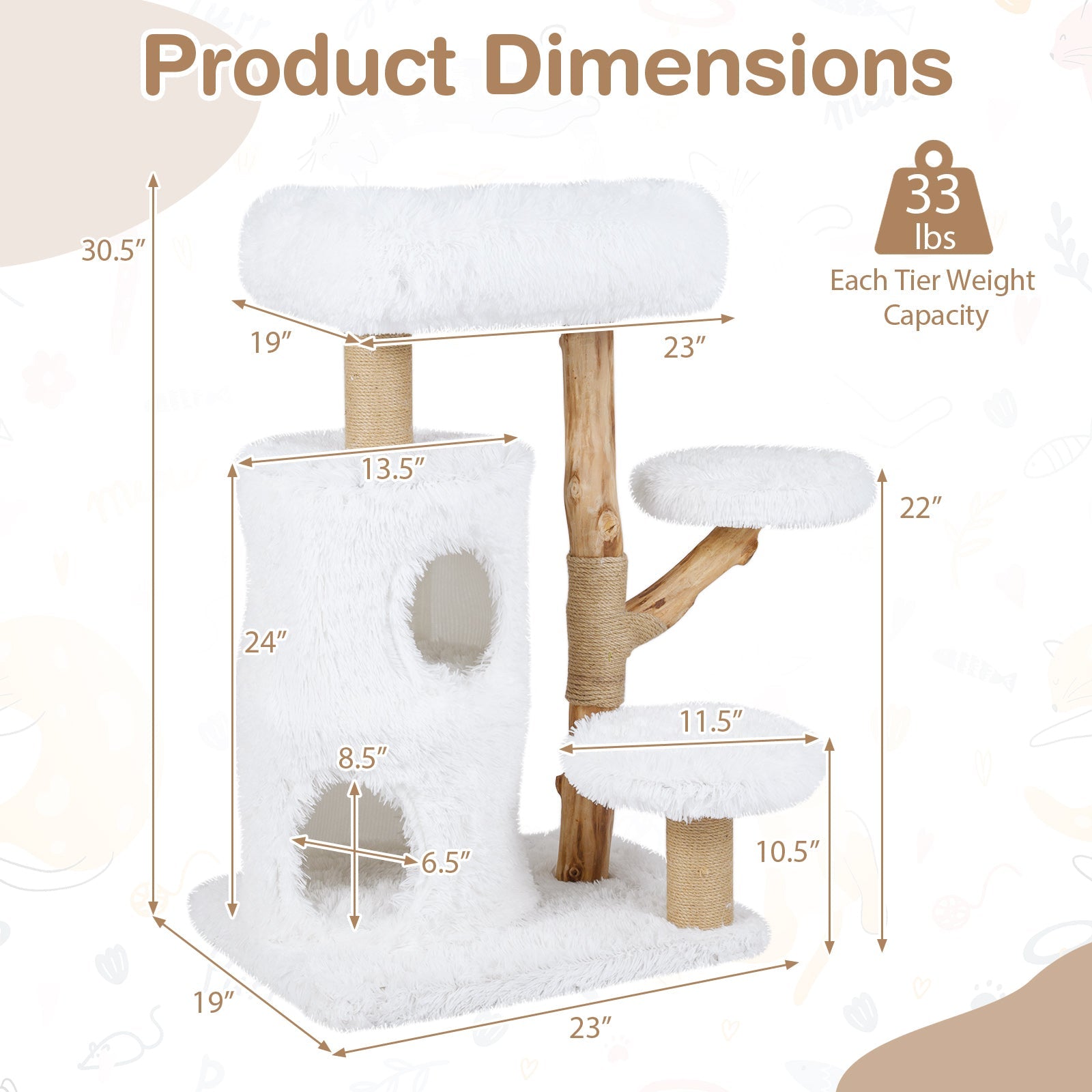 Modern Cat Tree for Indoor Cats 30.5 Cat Tower with Real Solid Wood Branches-White