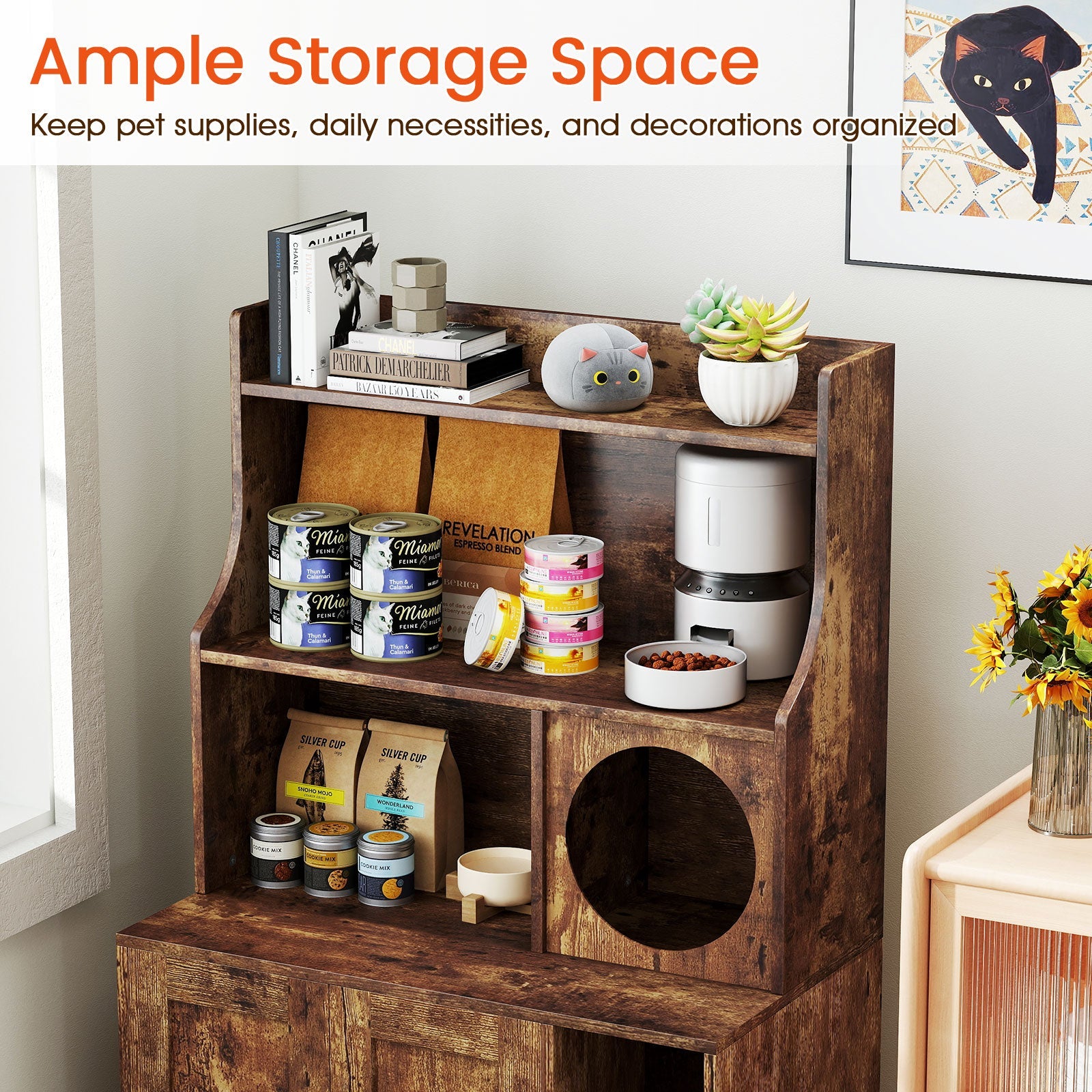 Modern Wooden Industrial Cat Litter Box Enclosure with Storage Shelves-Brown