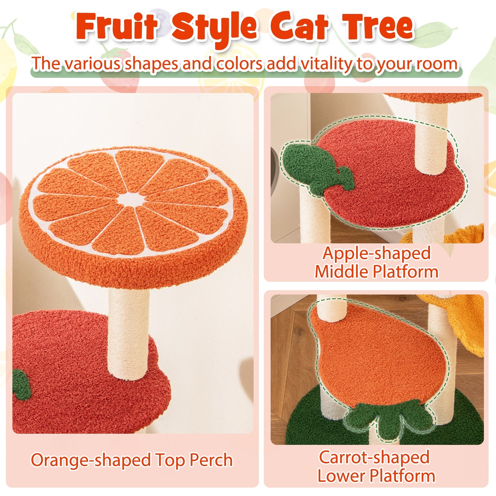 Multi-level Cat Tree Pet Activity Center with Fruit-shaped Platforms-Red and Orange