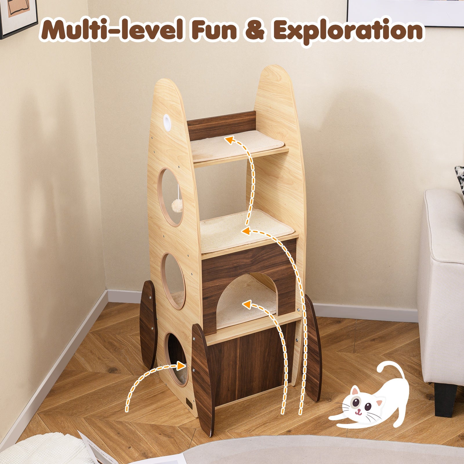 Rocket Cat Tree 47 Inch Large Wooden Cat Tower for Indoor Cats-Natural