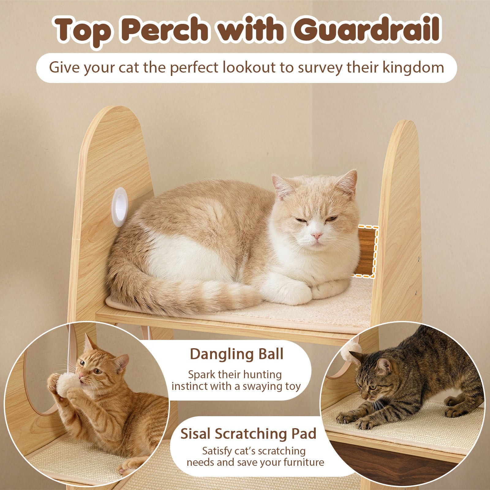 Rocket Cat Tree 47 Inch Large Wooden Cat Tower for Indoor Cats-Natural