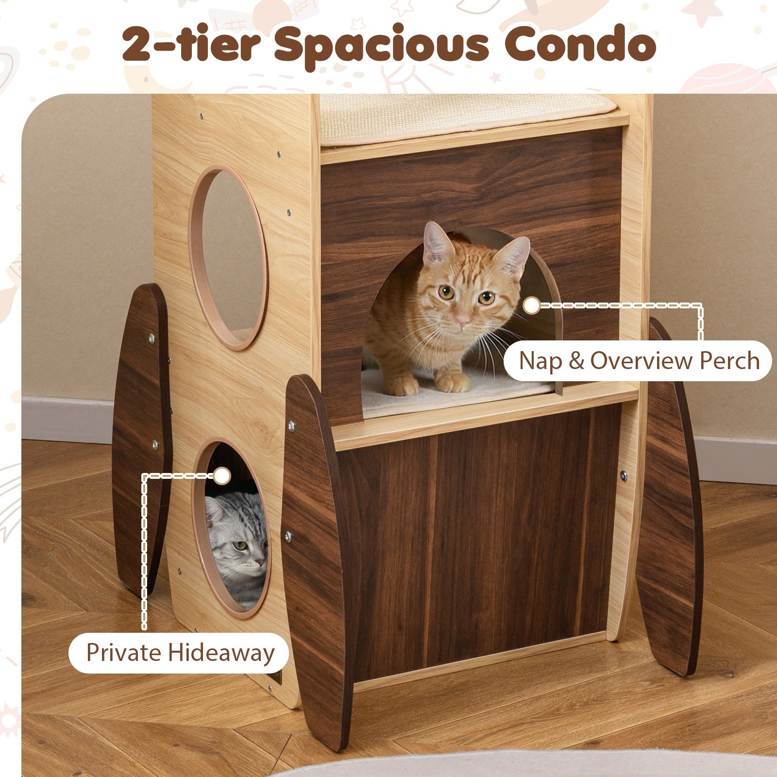 Rocket Cat Tree 47 Inch Large Wooden Cat Tower for Indoor Cats-Natural