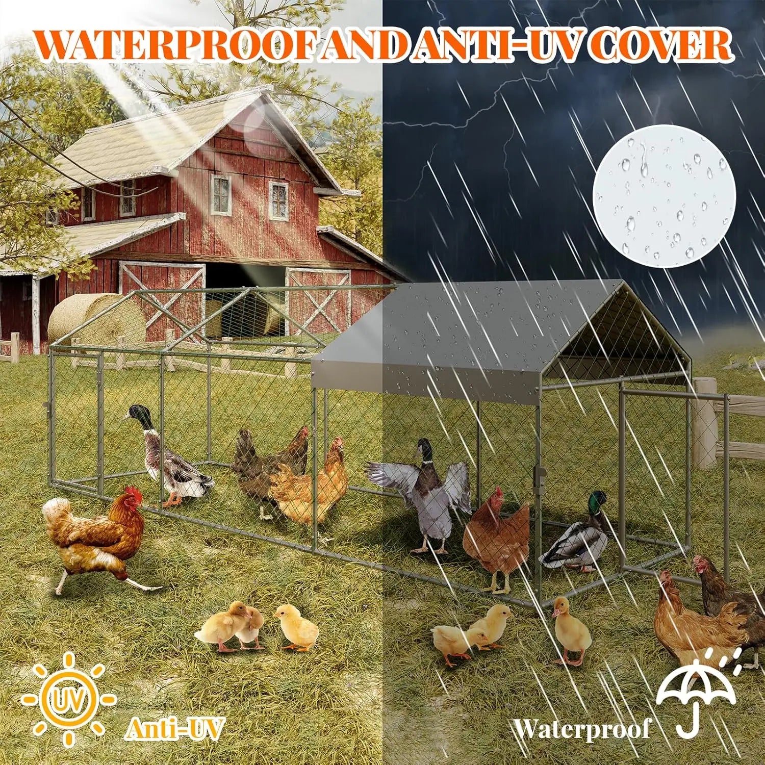 Metal Poultry Cages w/2 Doors and Waterproof Cover for Small Animals, 300x100x100 cm