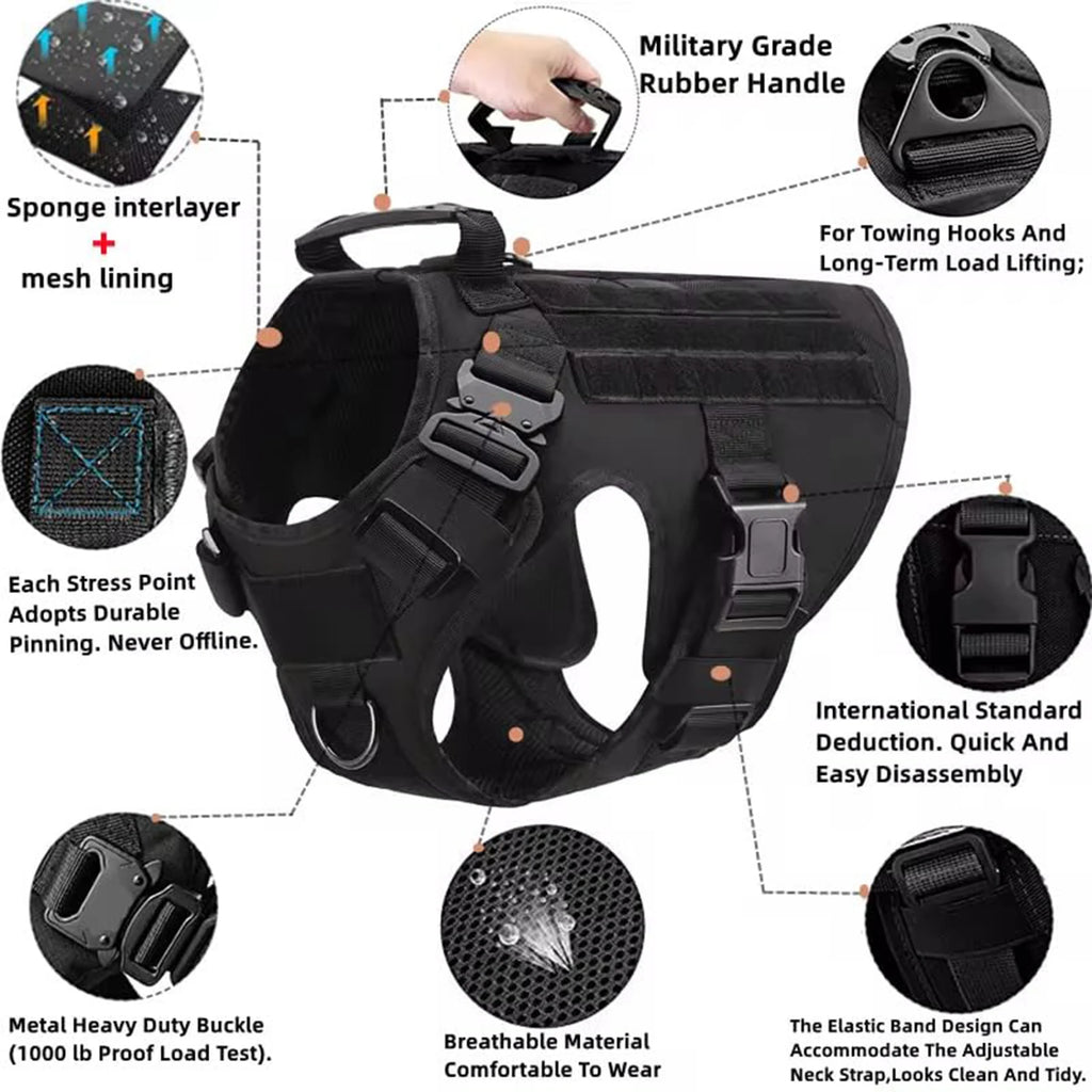 Tactical Dog Vest Harness, Collar, Leash, Molle Pouches For Medium Large Dogs