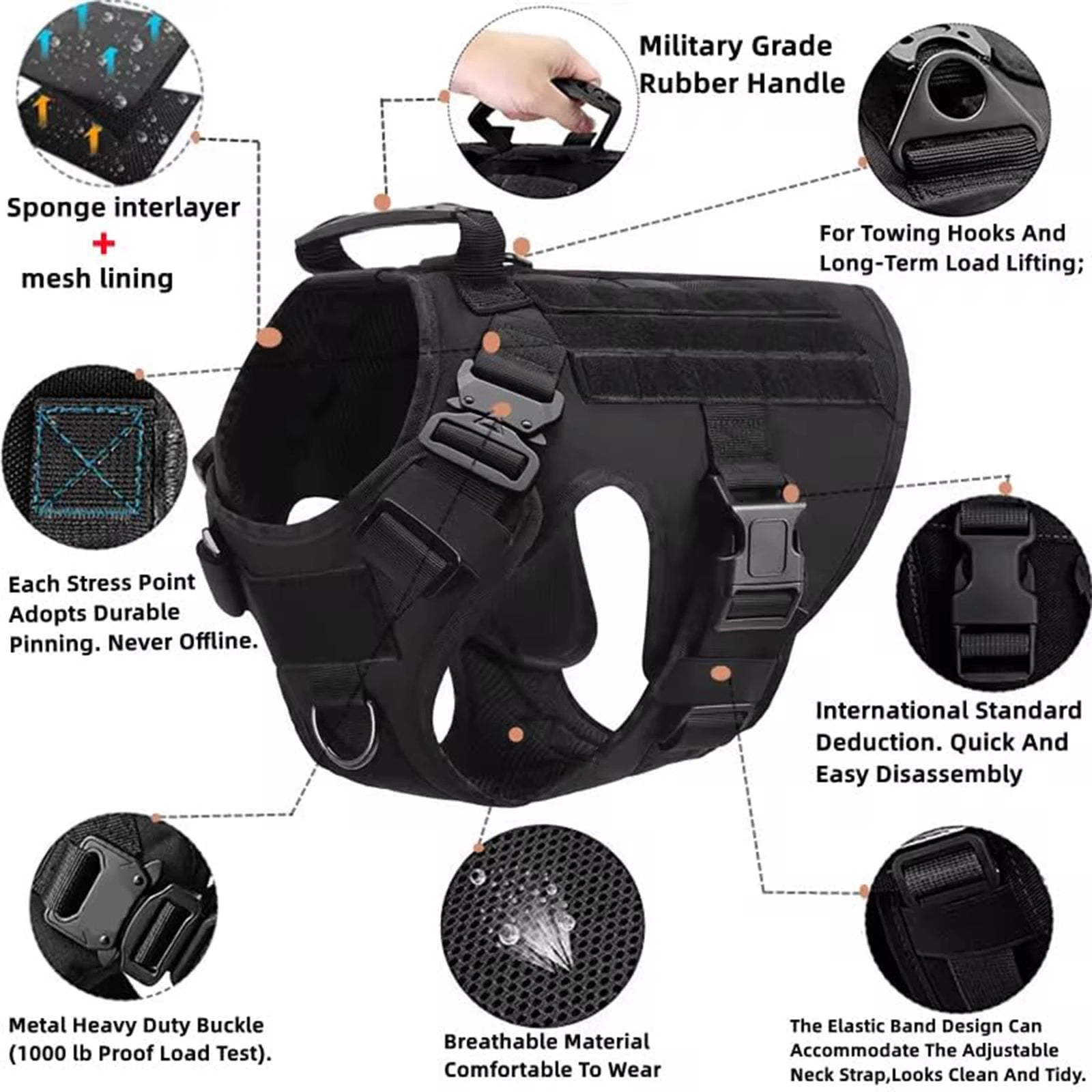 Tactical Dog Vest Harness, Collar, Leash, Molle Pouches For Medium Large Dogs