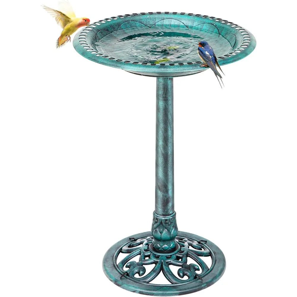 28 Inch Polyresin Antique Garden Bird Bath, Vintage Yard Art