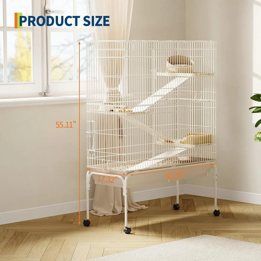 47/55 Inch Small Animal Cage with Wheels, Ramps, Platforms, Water Bottle & Food Dish