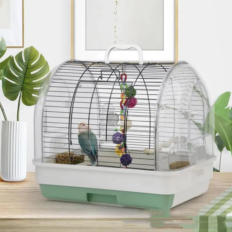 Portable Bird Carrier, Travel Cage with 2 Perches, 2 Food Bowls and Metal Tray