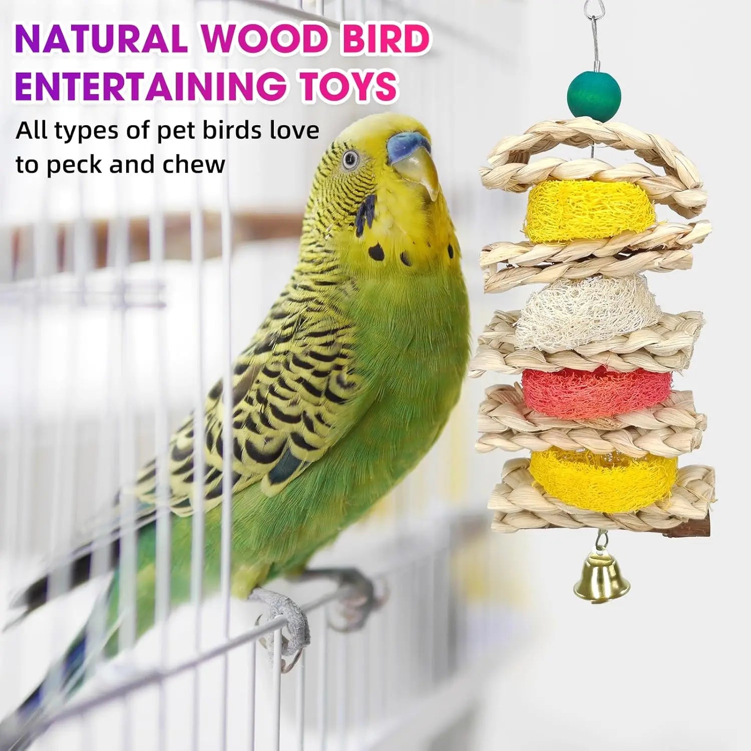 7 Pcs Natural Wood Bird Toy & Perch Accessroy for Parakeets, Cockatiel, Lovebird, and All Small/Medium Birds