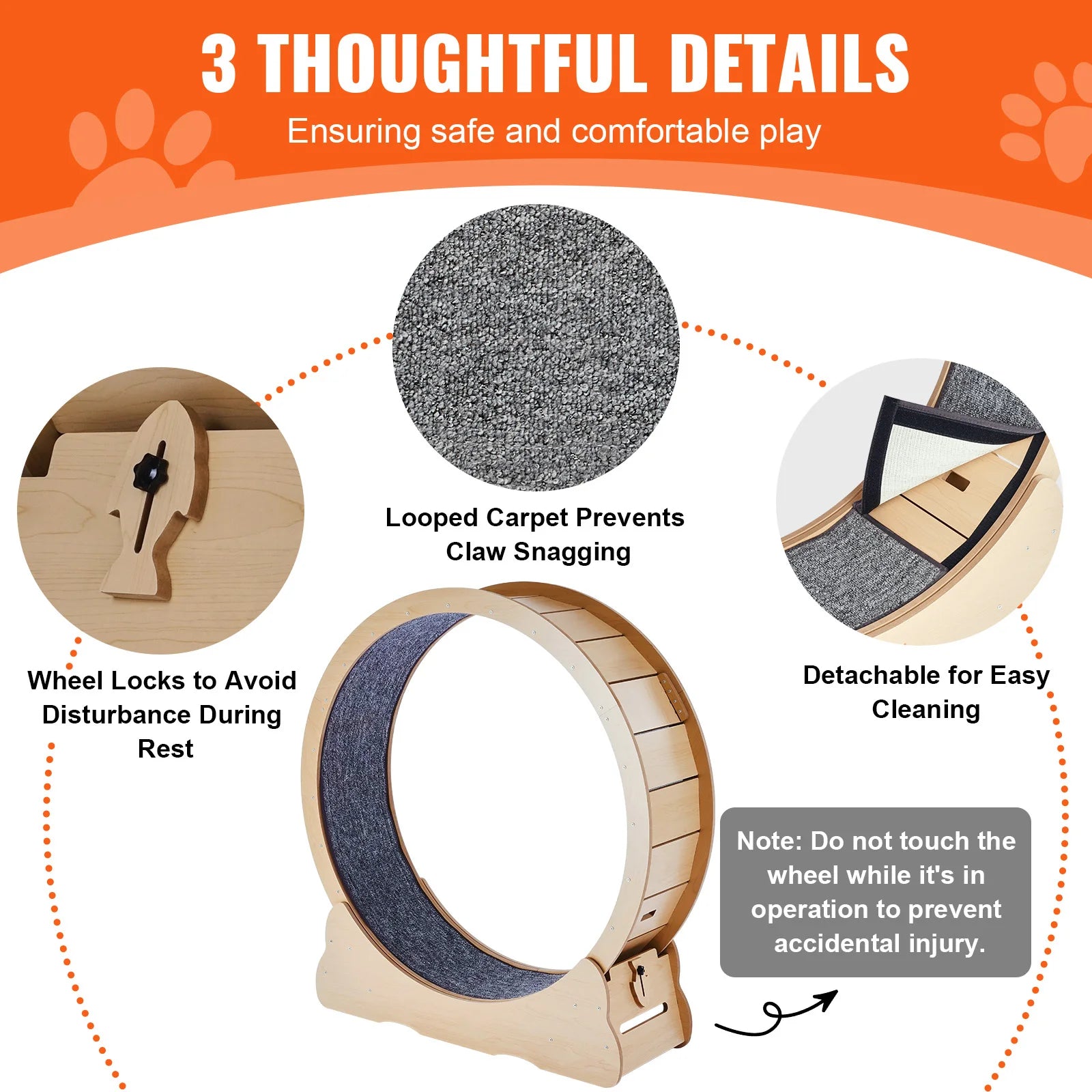 Wooden Cat Exercise Treadmill Wheel for Indoor Cat Running w/Detachable Carpet & Cat Teaser