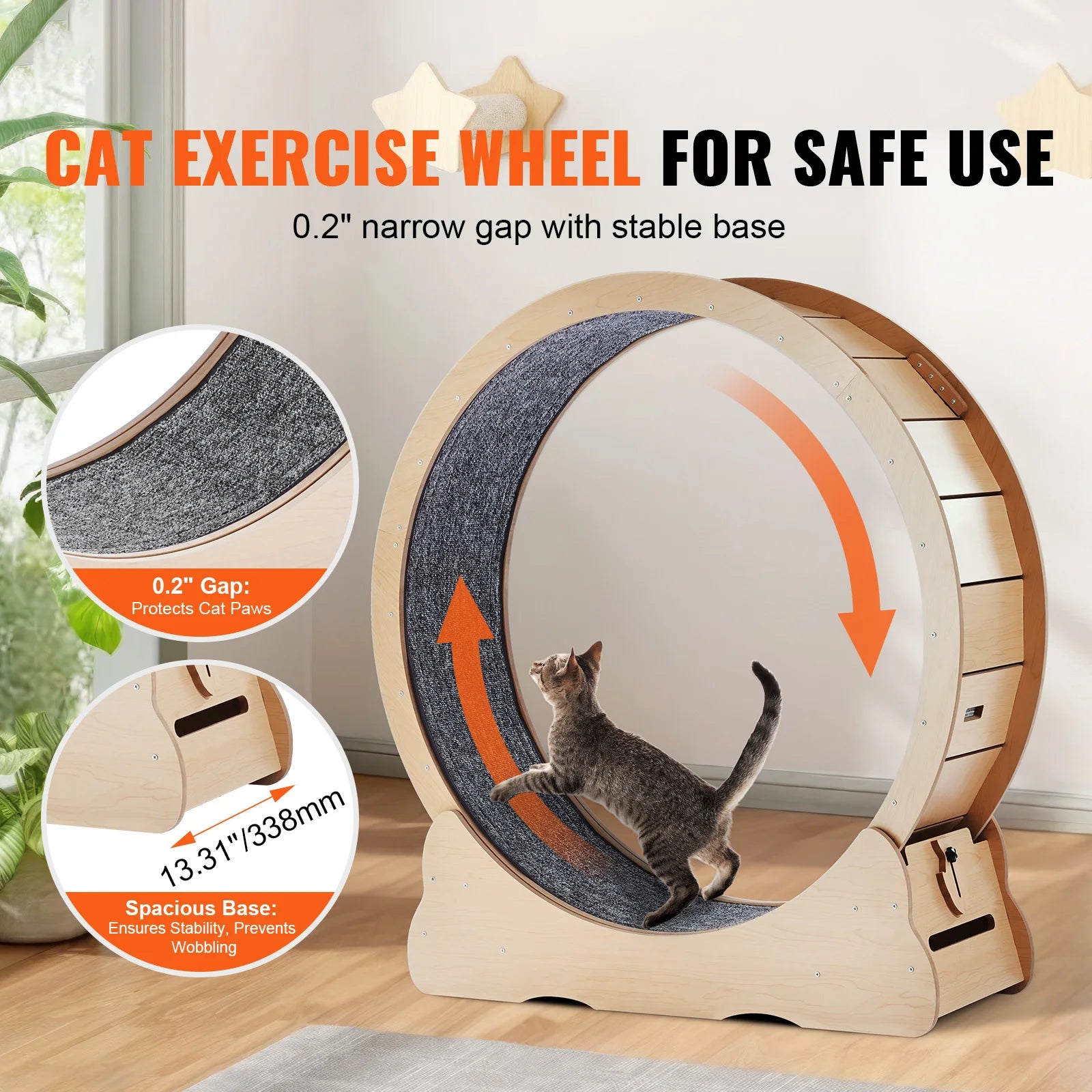 Wooden Cat Exercise Treadmill Wheel for Indoor Cat Running w/Detachable Carpet & Cat Teaser