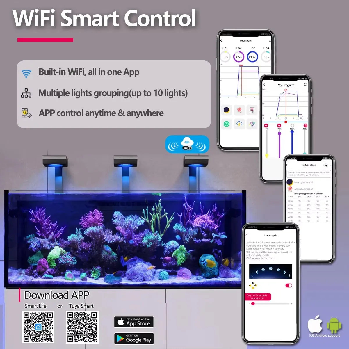 RL90 WiFi Reef Aquarium Light 100W, Professional Full Spectrum Coral SPS/LPS Fish Tank LED